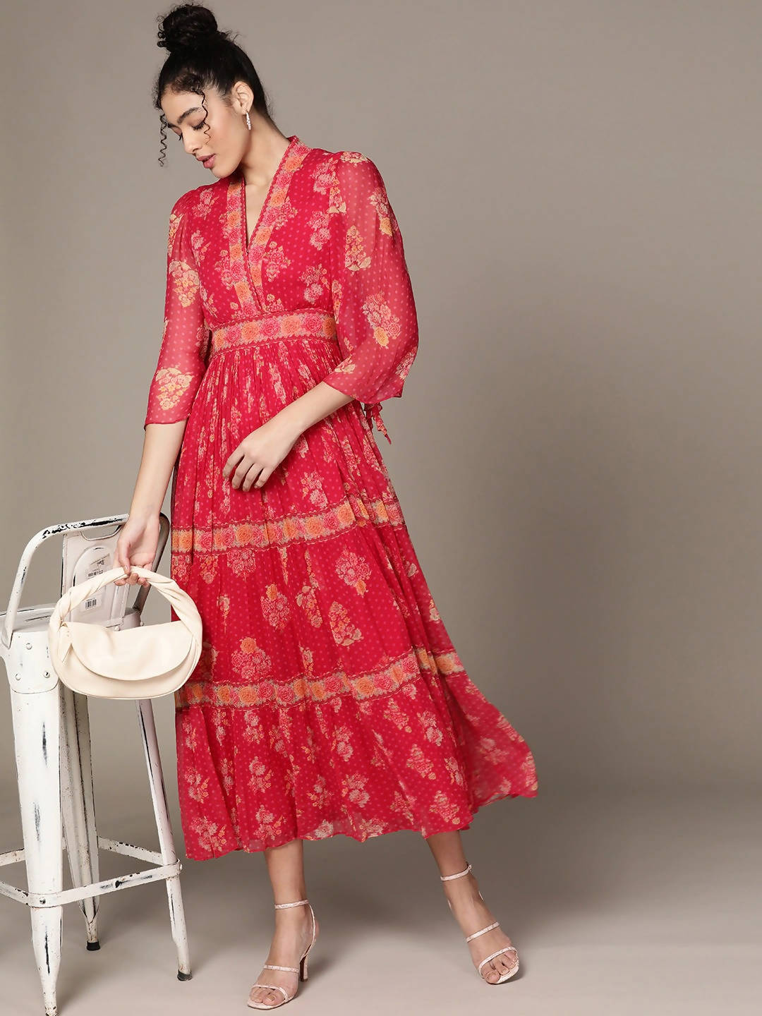 Ritu Kumar Rose Pink & Mustard Yellow Floral Print V-Neck Flared Sleeves Empire Midi Dress - Distacart