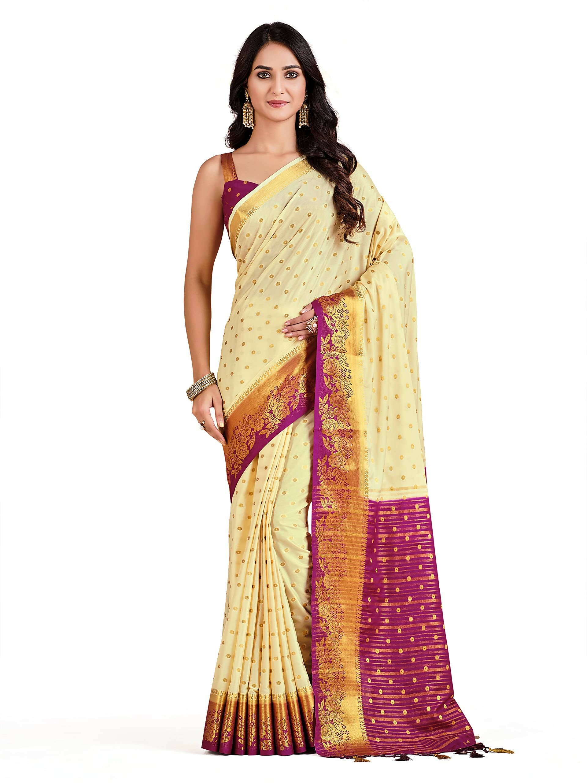 Mimosa Women's Beige Mysore Silk Crepe Saree - Distacart