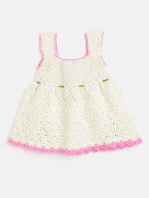 Chutput Kids Woollen Hand Knitted Full Sleeves Cardigan With Short Sleeves Flower Work Dress - Cream - Distacart