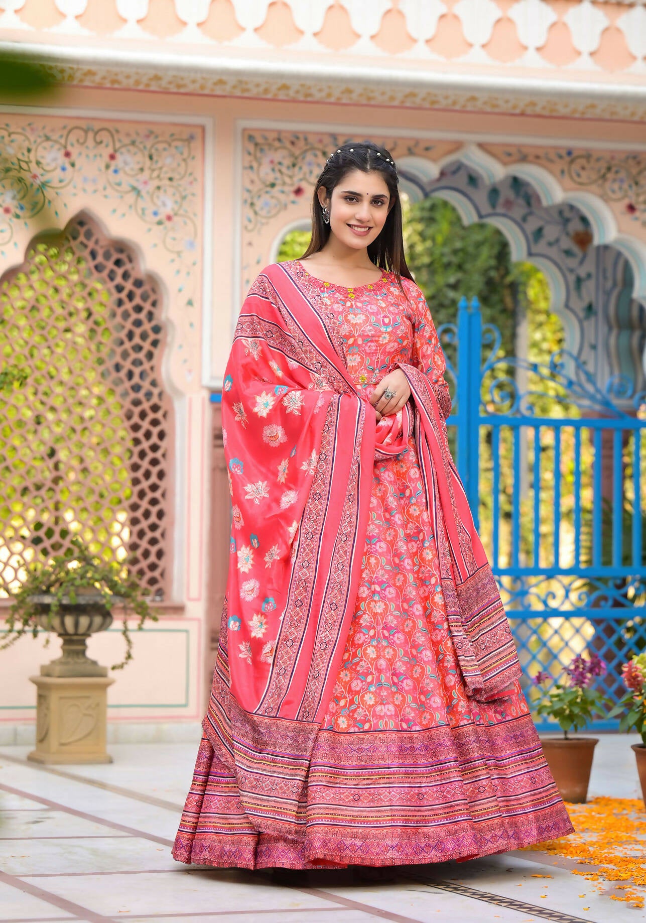 Functional Designer Red-Orange Dola Silk Anarkali suit with Dupatta - Ramya - Distacart