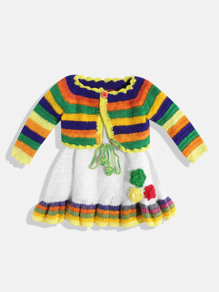 Chutput Kids Woollen Hand Knitted Full Sleeves Cardigan With Short Sleeves Flower Work Dress - White - Distacart