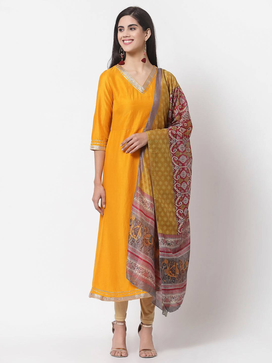 Myshka Yellow Printed Silk Blend 3/4 Sleeve V Neck Casual Kurta Dupatta Set