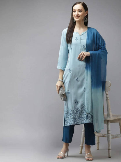 Yufta Women Blue Embroidered Thread Work Kurta with Palazzo & With Dupatta