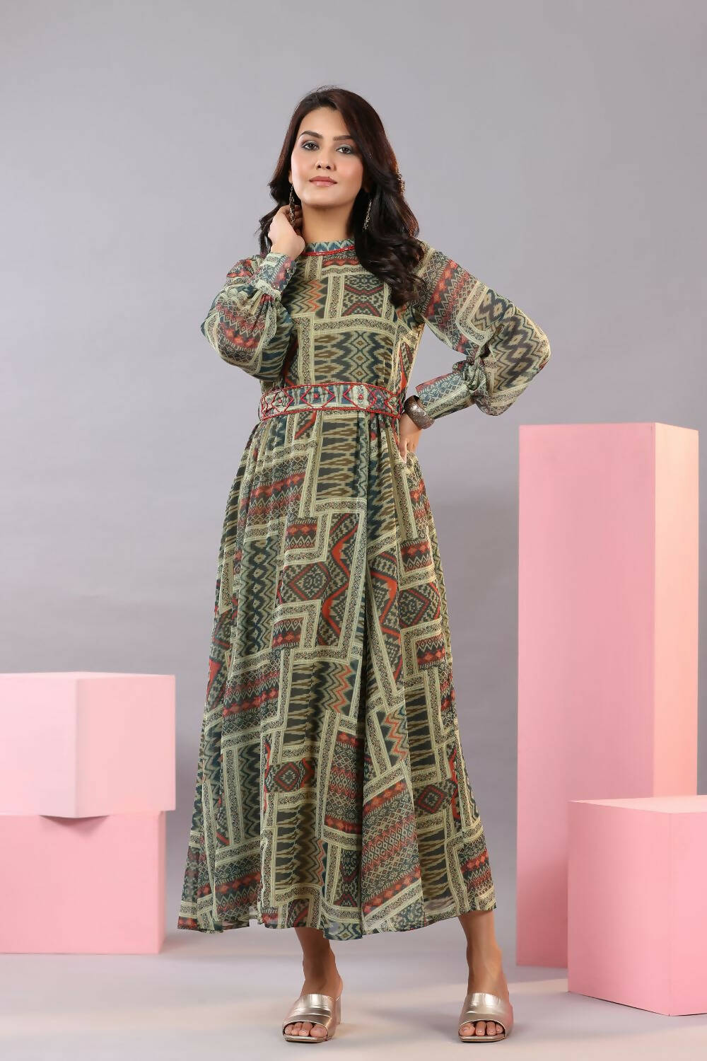 Juniper Women Green Chiffon Printed Maxi Dress - Distacart