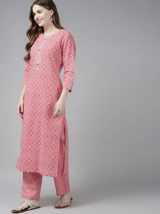 Yufta Women Pink Printed Regular Pure Cotton Kurta with Palazzo and Dupatta