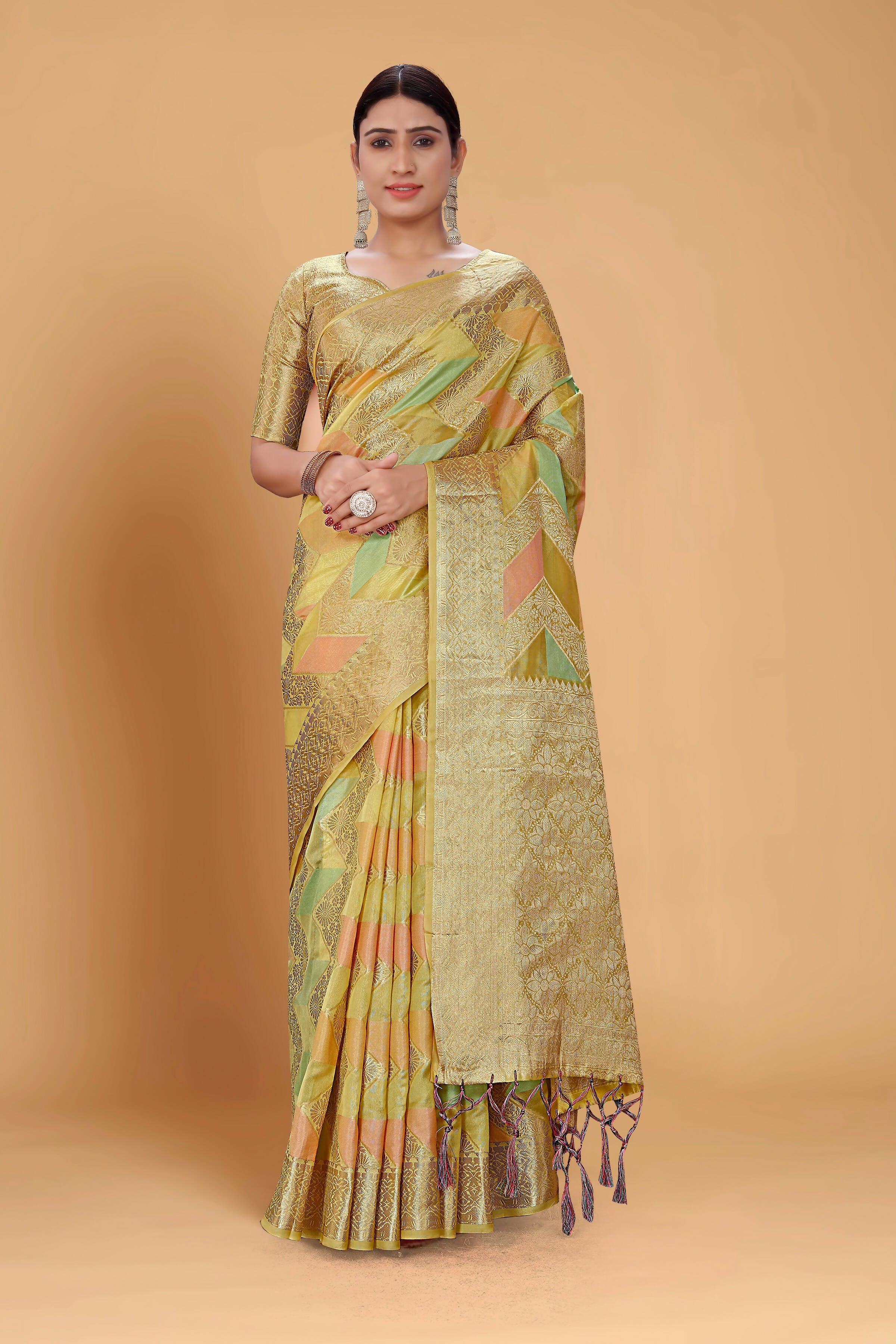 Pista Soft Organza Woven Design Saree With Unstitched Blouse Piece - Zaara - Distacart