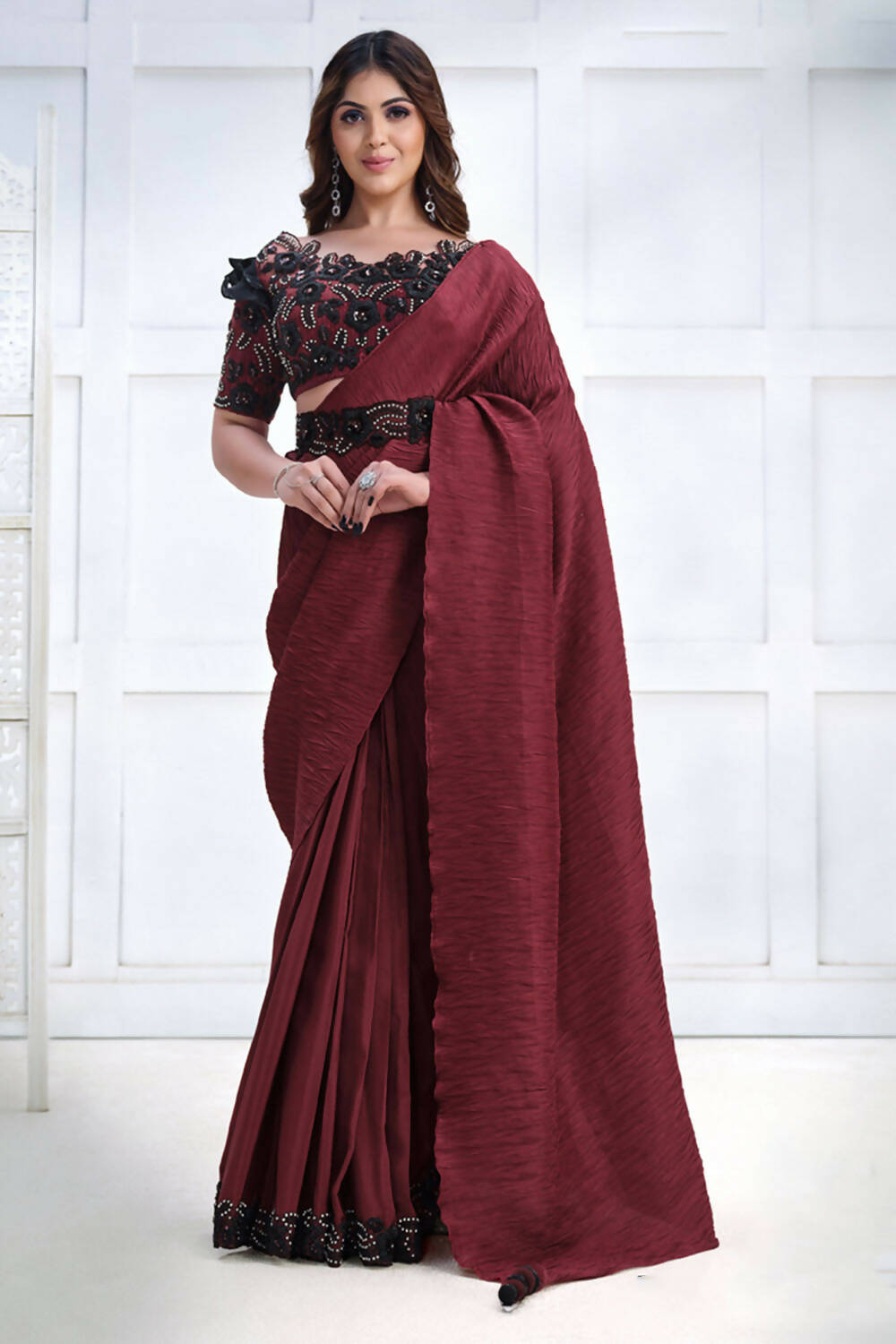 Maroon Crepe Silk Georgette Texture with Cord, Sequence Embroidered & Stone work Saree - Mohmanthan Majestica - Distacart