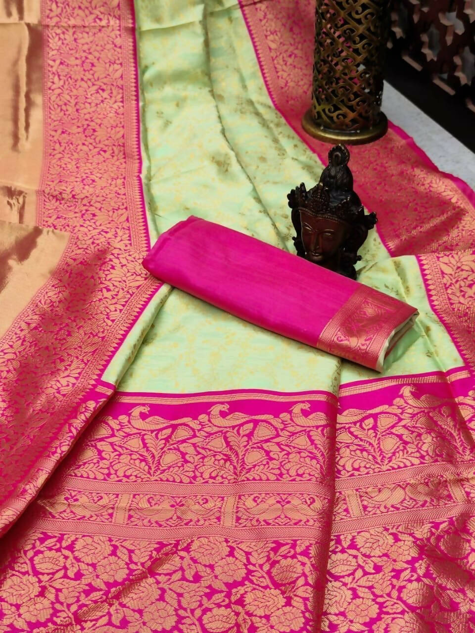 DEIANA'S Beautiful Golden Jari with New Design Soft Lichi Silk Saree - Pista - Distacart
