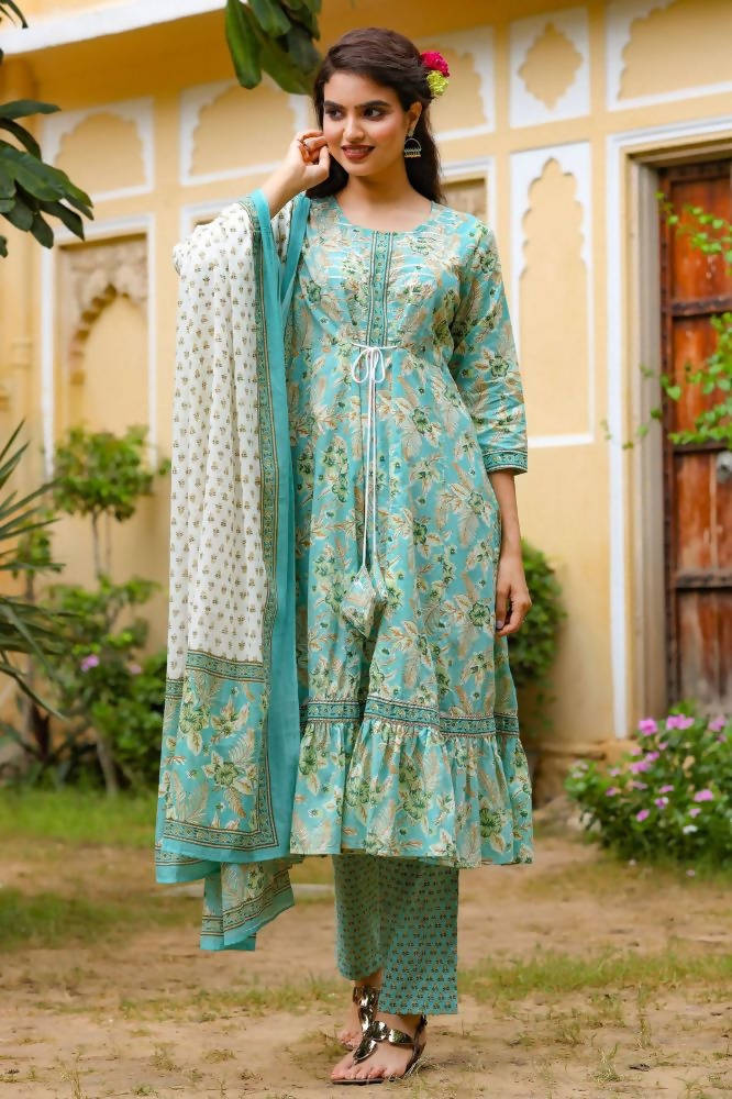 Yufta Blue Printed Tiered Kurta with Trouser and Dupatta