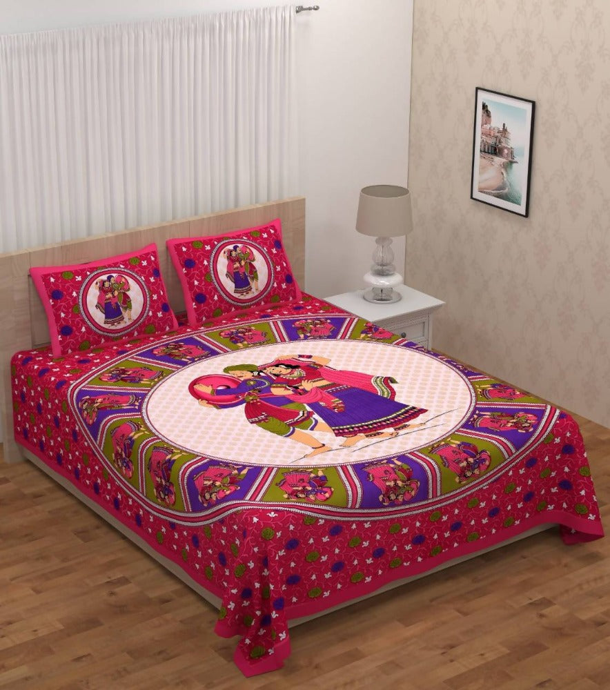 Vamika Printed Cotton Dafli Pink Bedsheet With Pillow Covers 