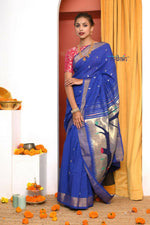 Thumbnail for Very Much Indian Handloom Pure Cotton Paithani -Ink Blue - Distacart