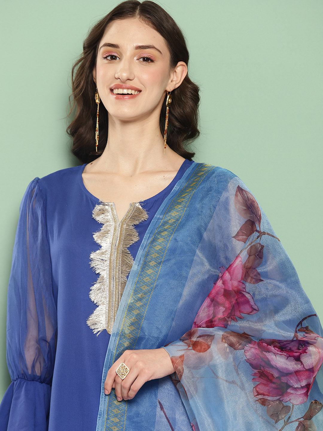 InWeave Women's Ink Blue Organza Sleeve Kurta Set W Blue Fuchsia Or Dupatta - Distacart