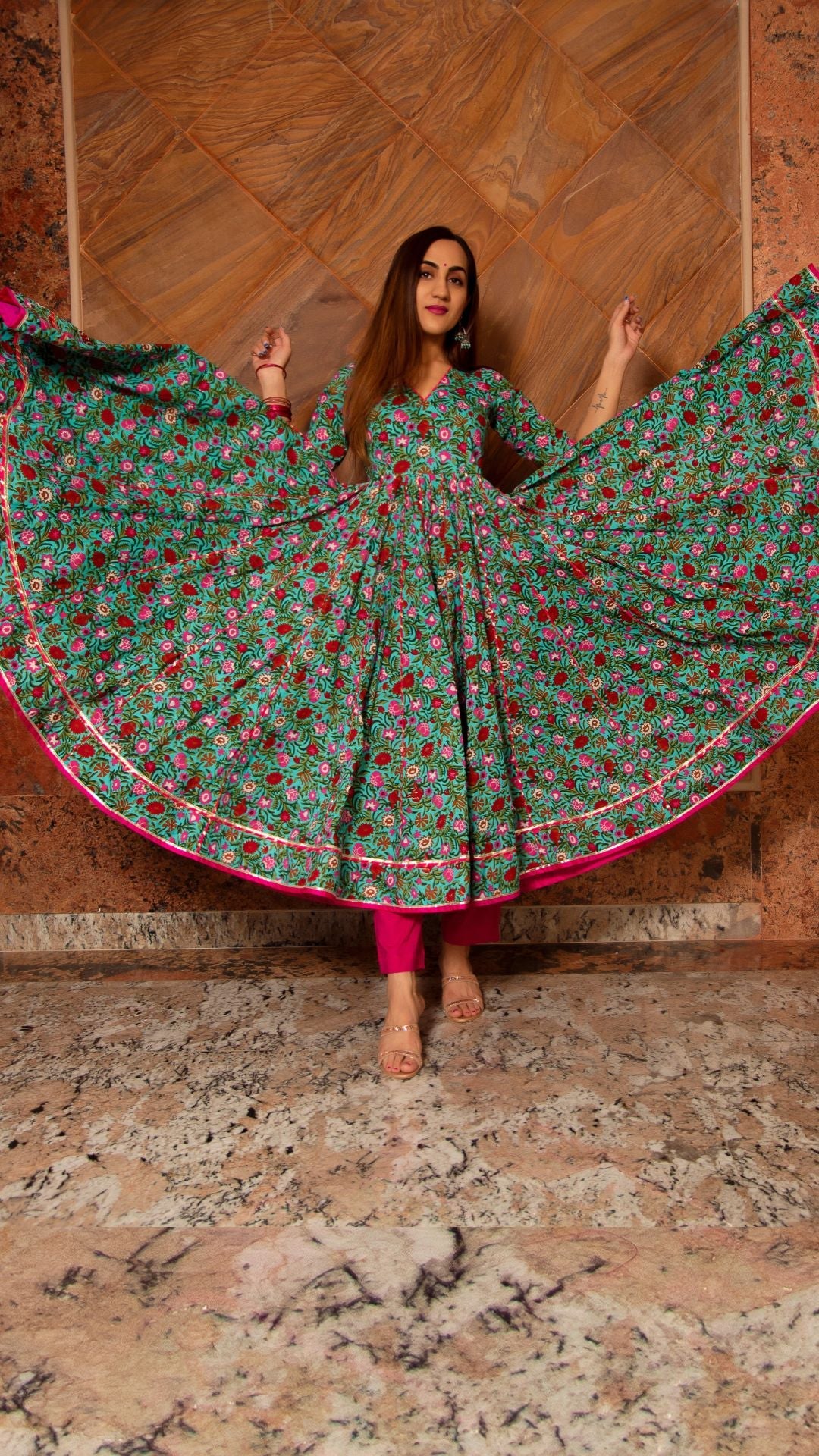 Sea Green Jaipuri Printed Cotton Silk Anarkali Kurti Pant Set With Dup