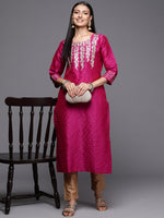 Thumbnail for Varanga Pink Embroidered Straight Kurta With Three Quarter Sleeves - Distacart