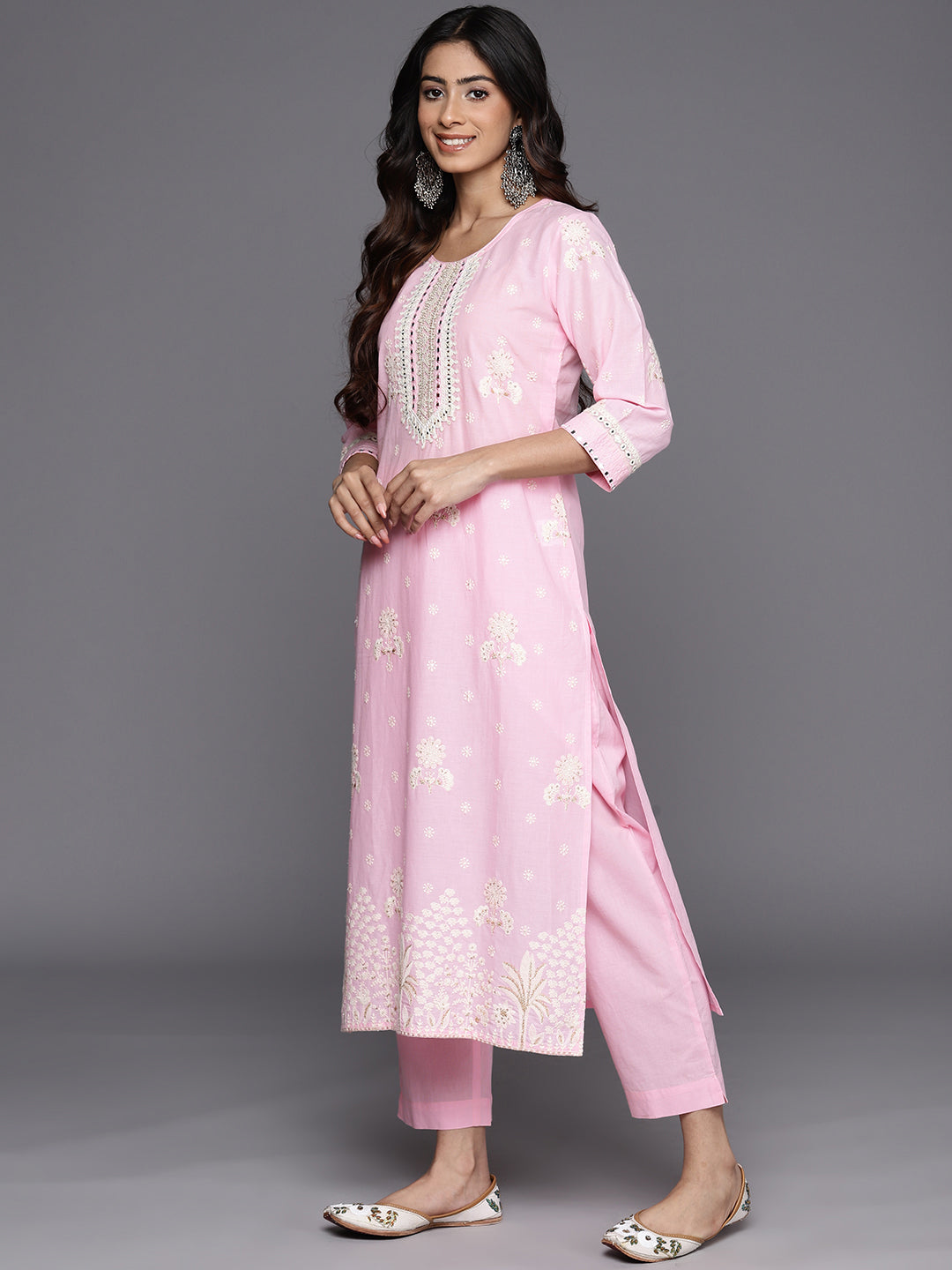 KSUT (House of Varanga) Pink Thread And Mirror Embroidered Kurta Paired With Straight Trouser And Chiffon Dupatta - Distacart