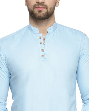 Kalyum Men's Cotton Blend Sky Blue Asymmetric Short Kurta - Distacart