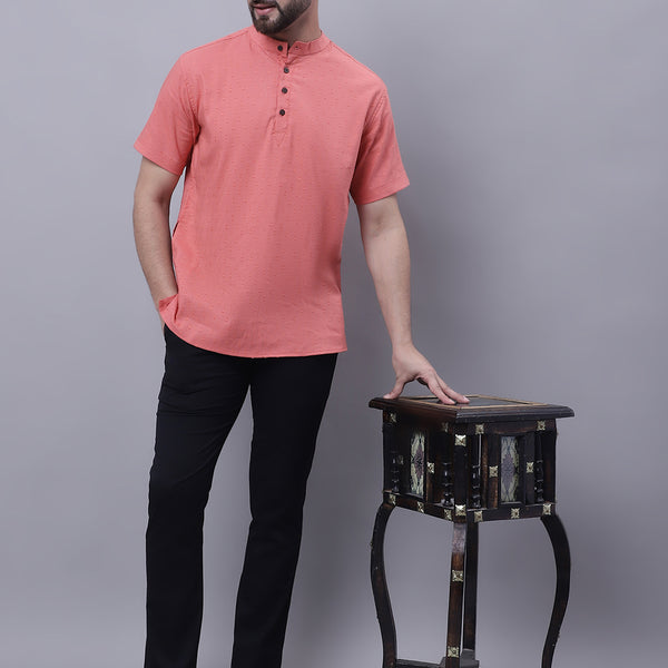 Even Apparels Peach Pure Cotton Short Sleeves Kurta With Band Collar - Distacart