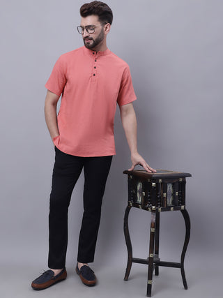Even Apparels Peach Pure Cotton Short Sleeves Kurta With Band Collar - Distacart