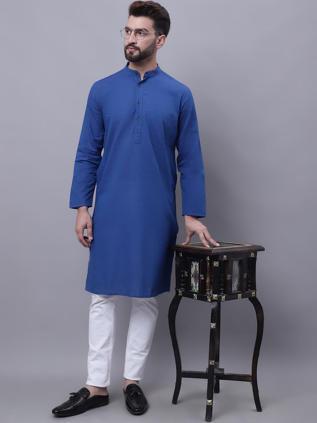 Even Apparels Blue Pure Cotton Kurta With Band Collar - Distacart