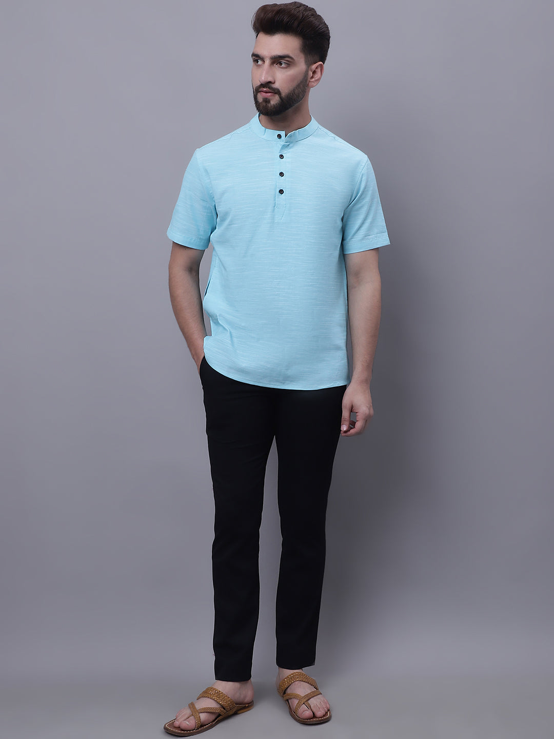Even Apparels Blue Pure Cotton Short Kurta With Band Collar - Distacart