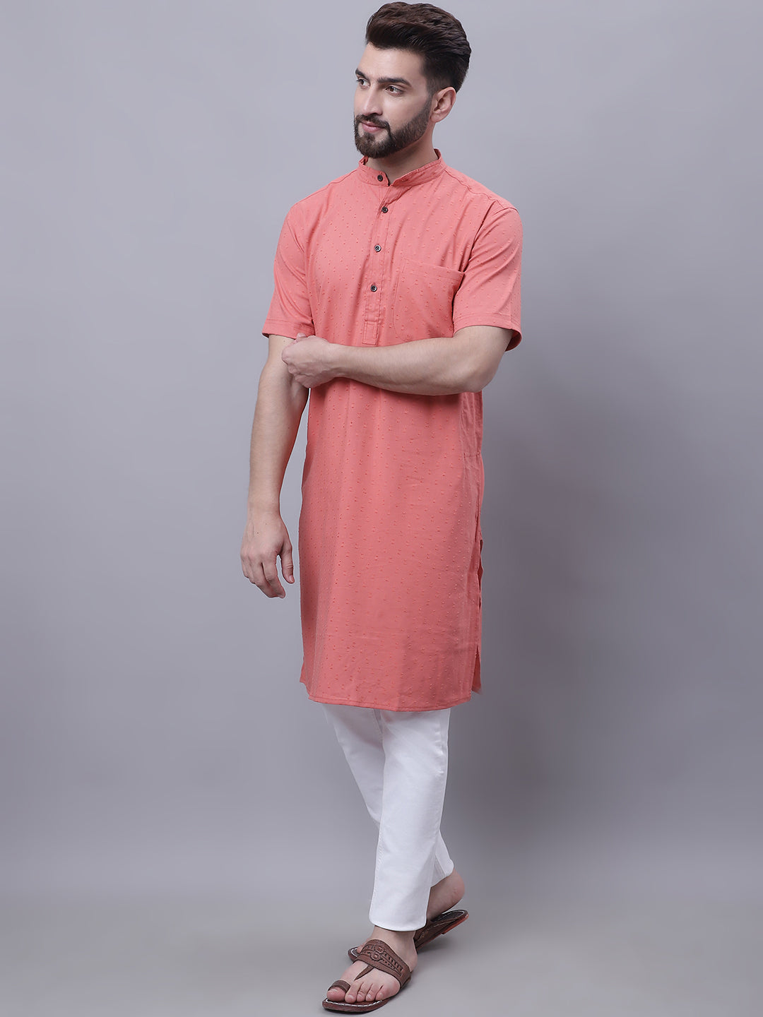 Even Apparels Peach Pure Cotton Short Sleeves Kurta With Band Collar - Distacart