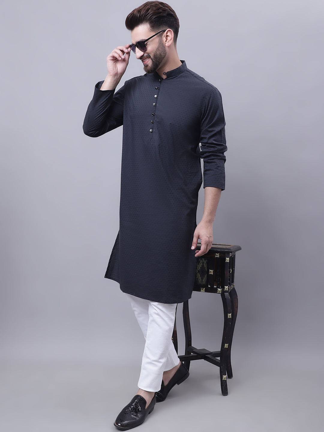 Even Apparels Black Pure Cotton Kurta With Band Collar - Distacart