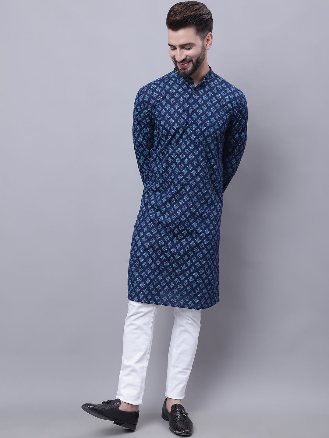 Even Apparels Blue Pure Cotton Kurta With Band Collar - Distacart