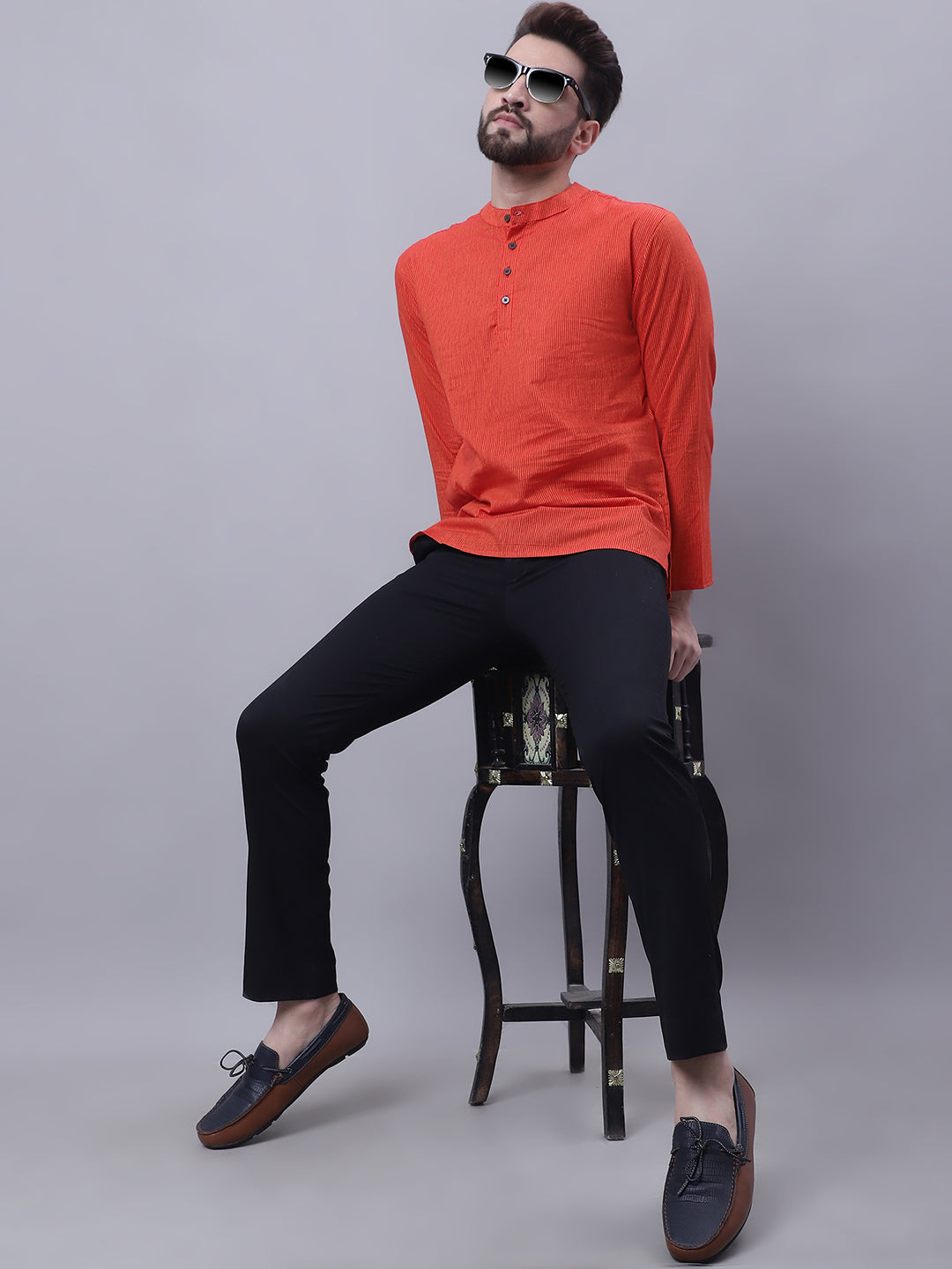 Even Apparels Orange Pure Cotton Short Kurta With Band Collar - Distacart
