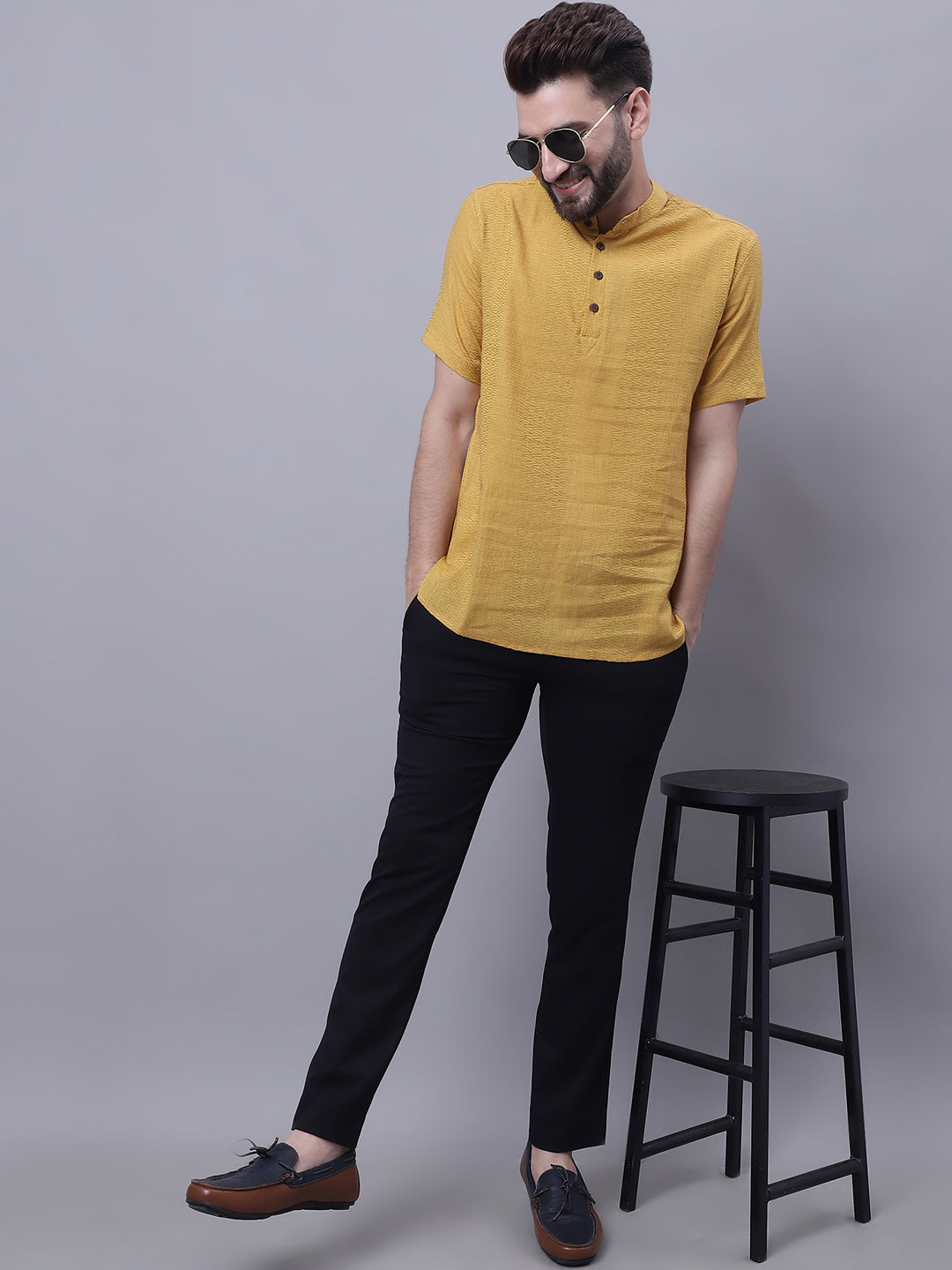 Even Apparels Yellow Pure Cotton Short Sleeves Kurta With Band Collar - Distacart