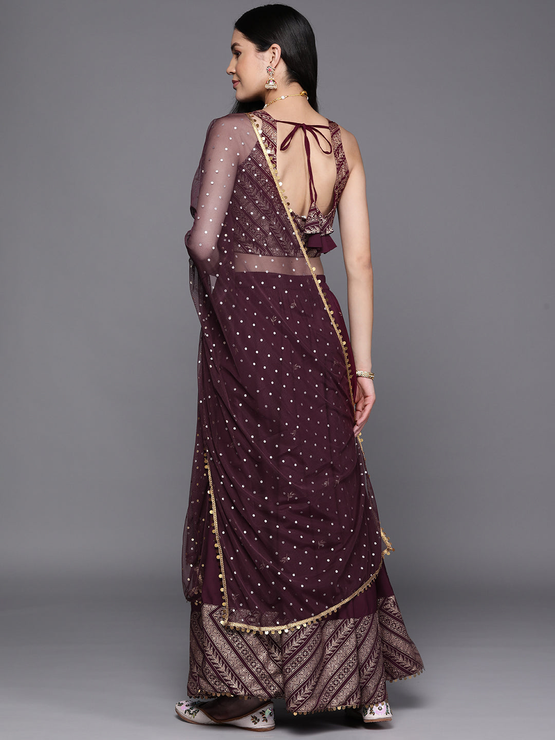 Ahalyaa Purple & Gold-Toned Printed Sequinned Foil Print Ready to Wear Lehenga & Blouse With Dupatta - Distacart