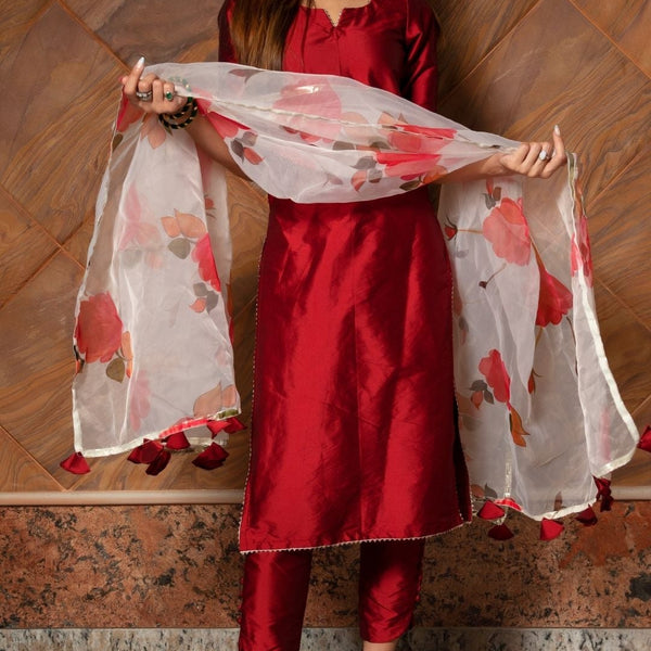 Pomcha Jaipur Maroon Phool Taffeta Suit Set - Distacart