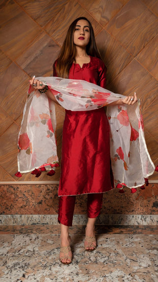 Pomcha Jaipur Maroon Phool Taffeta Suit Set - Distacart