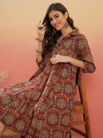Thumbnail for InWeave Women's Maroon Mughal Kalamkari Flared Dress - Distacart
