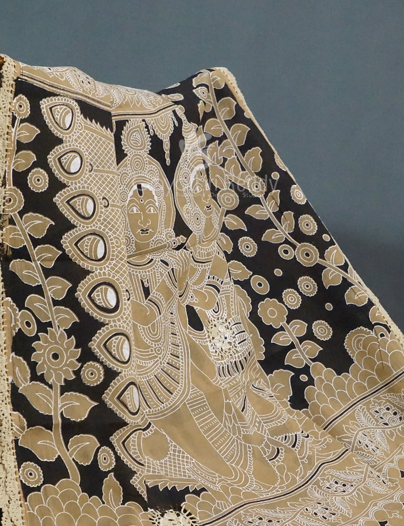 Black And Khaki Combo Colour Pichwai Print Crocia Mulmul Cotton Saree By Gayathri Reddy Designer Studio - Distacart