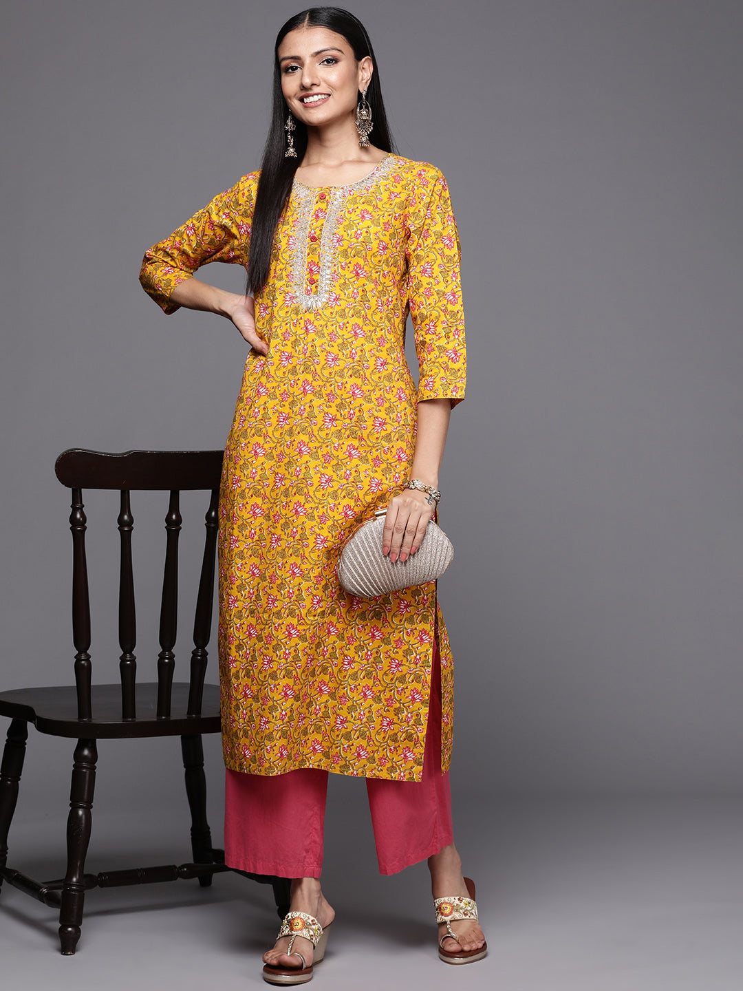 Varanga Mustard Floral Printed Kurta With Embroidered Neckline - Distacart