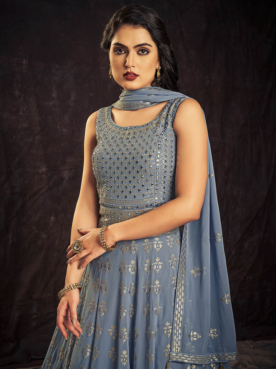 Myra Blue Real Georgette Designer Gown Style Suit - Distacart