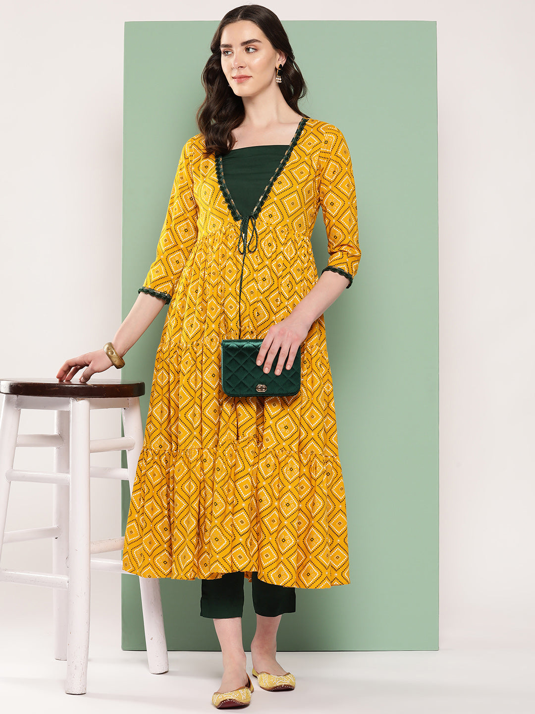 InWeave Women's Green Top Bottom W Mustard Bandhej Long Shrug Set - Distacart