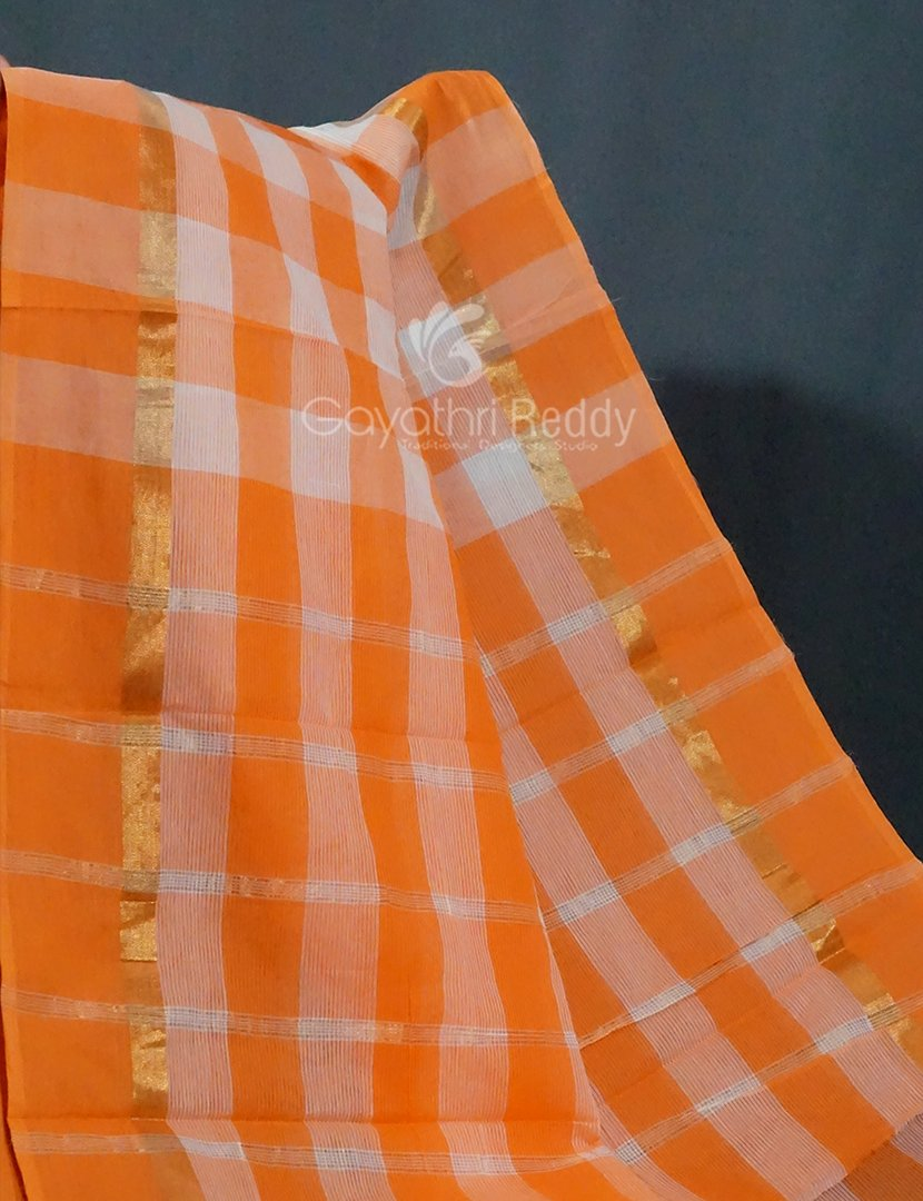 Cream And Orange Colored With Checks Pure Mangalgiri Cotton Saree By Gayathri Reddy Designer Studio - Distacart