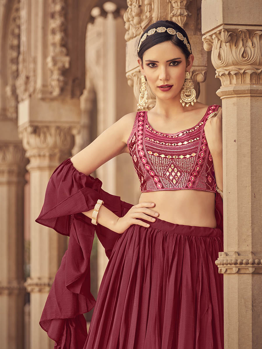 Myra Maroon Chinon & Art SIlk Embroidered Designer Lehenga Choli - Distacart