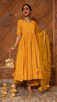 Thumbnail for Pomcha Jaipur Bandhej Yellow Cotton Anarkali Set - Distacart