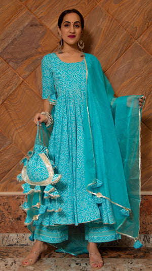 Pomcha Jaipur Bandhej Blue Cotton Anarkali Set - Distacart