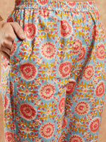 Thumbnail for InWeave Women's Light Blue Floral Jaal Gota Work Straight Kurta Pant Set - Distacart