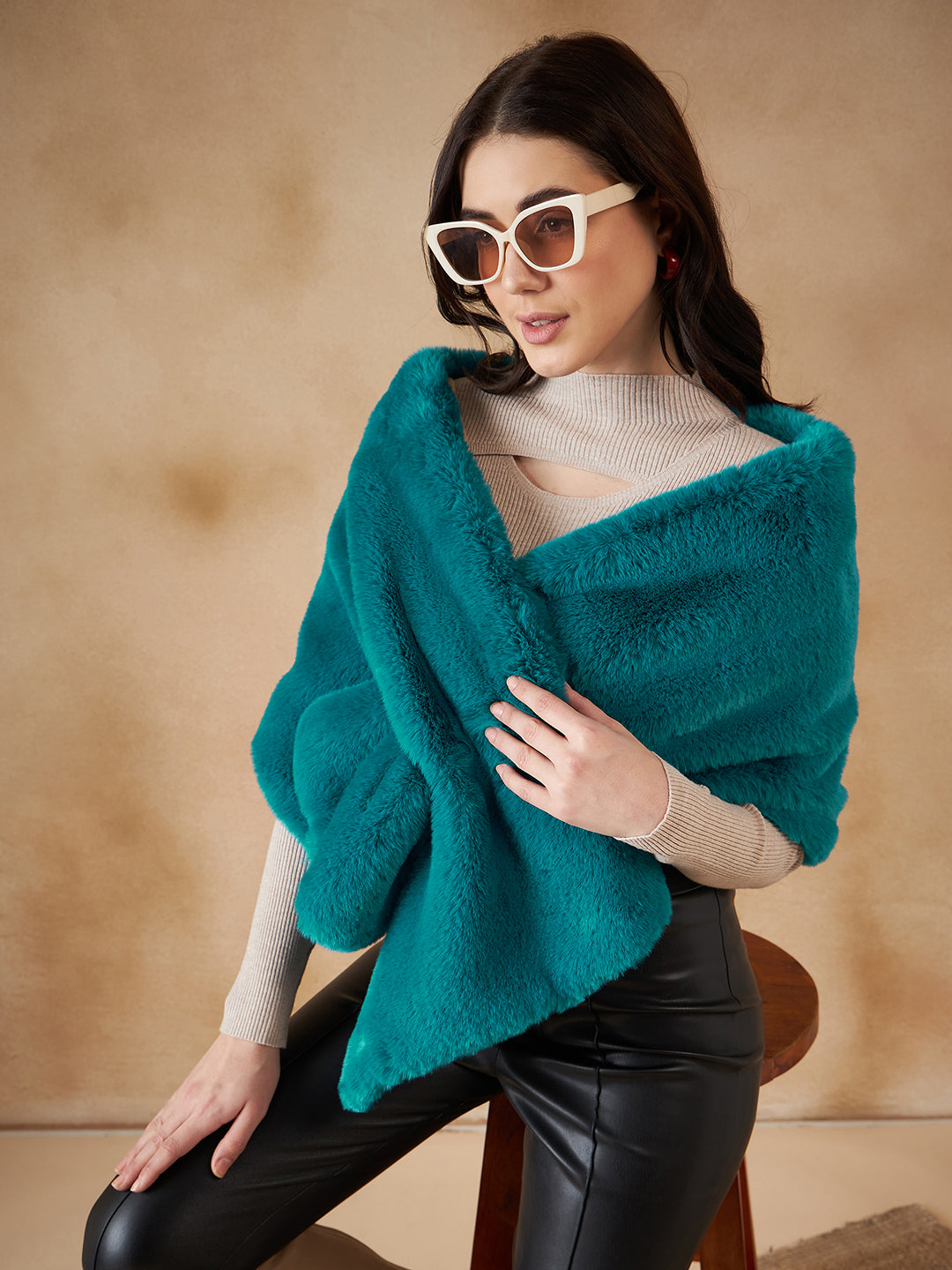 InWeave Women's Cyan Blue Long Faux Fur Cape - Distacart