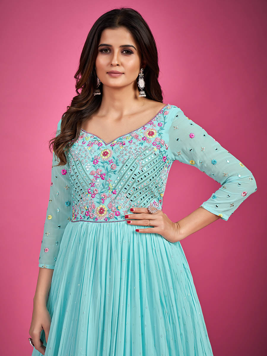 Myra Blue Chinon Silk Embroidered Gown - Distacart