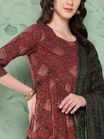 Thumbnail for InWeave Women's Long Kurta Set Rust Ajrakh With Green Ajrakh Dupatta - Distacart