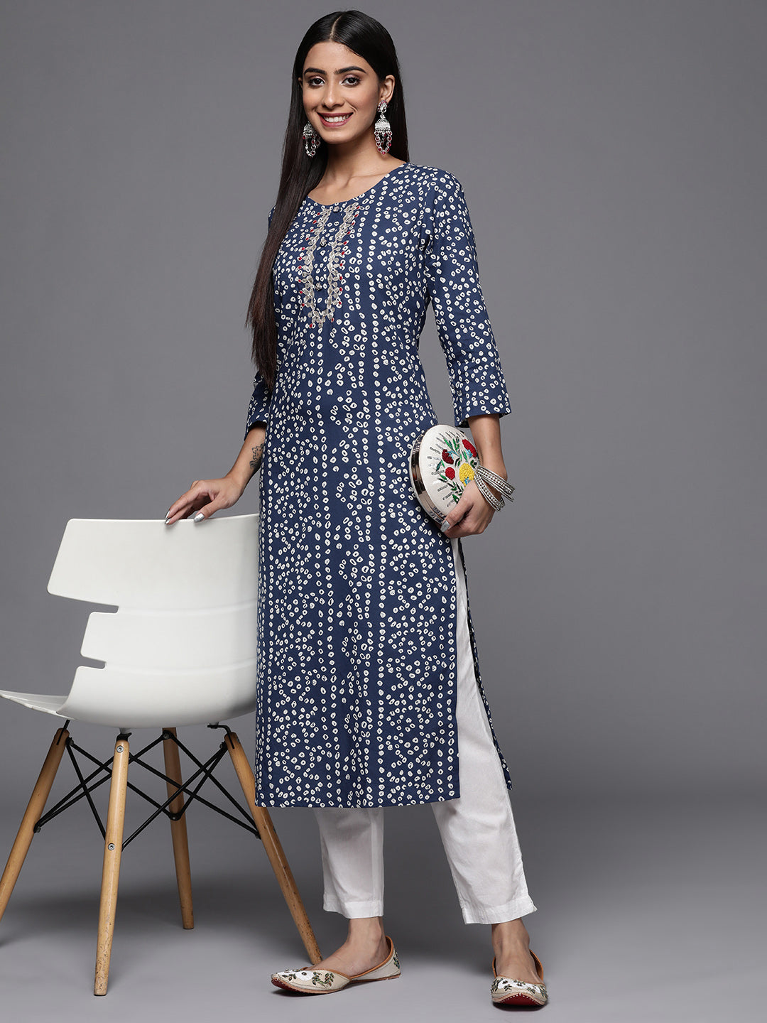 Varanga Blue Bandhani Print Embroidered Kurta Has Round Neck - Distacart