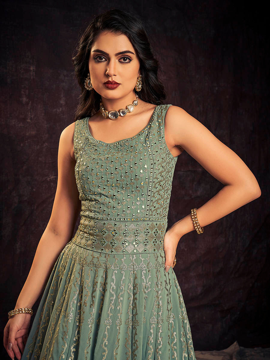 Myra Olive Real Georgette Designer Gown Style Suit - Distacart