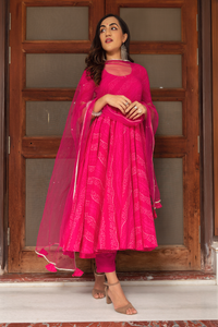 Thumbnail for Pomcha Jaipur Bhandhej Pink Cotton Anarkali Set - Distacart