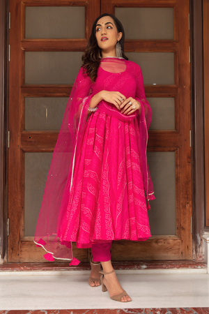 Pomcha Jaipur Bhandhej Pink Cotton Anarkali Set - Distacart