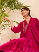 Thumbnail for InWeave Women's Fuchsia Velvet Manderia V Neck Flared Dress - Distacart